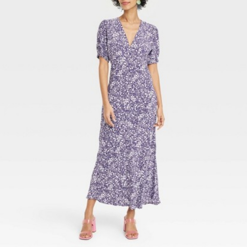 A New Day Purple Floral Crepe Puff Short Sleeve Midi Maxi Dress
